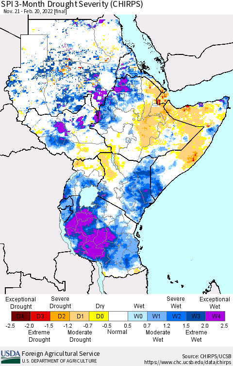 Eastern Africa SPI 3-Month Drought Severity (CHIRPS) Thematic Map For 11/21/2021 - 2/20/2022