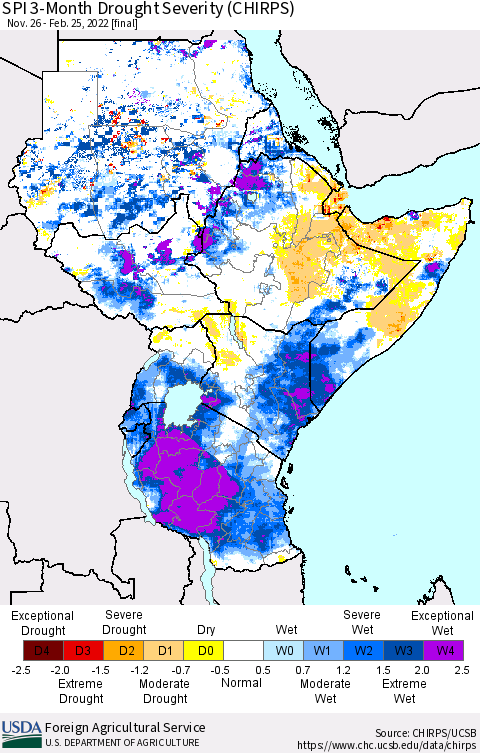 Eastern Africa SPI 3-Month Drought Severity (CHIRPS) Thematic Map For 11/26/2021 - 2/25/2022