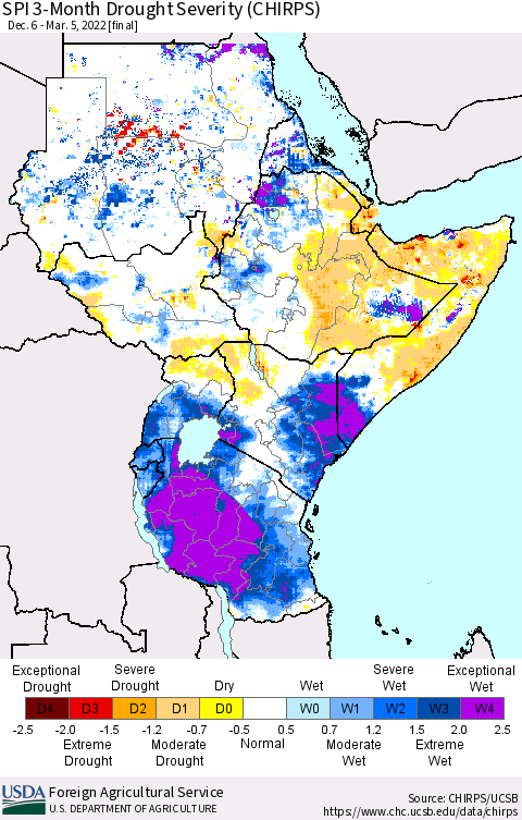Eastern Africa SPI 3-Month Drought Severity (CHIRPS) Thematic Map For 12/6/2021 - 3/5/2022