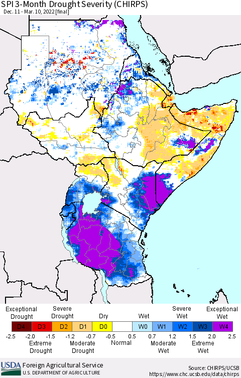 Eastern Africa SPI 3-Month Drought Severity (CHIRPS) Thematic Map For 12/11/2021 - 3/10/2022