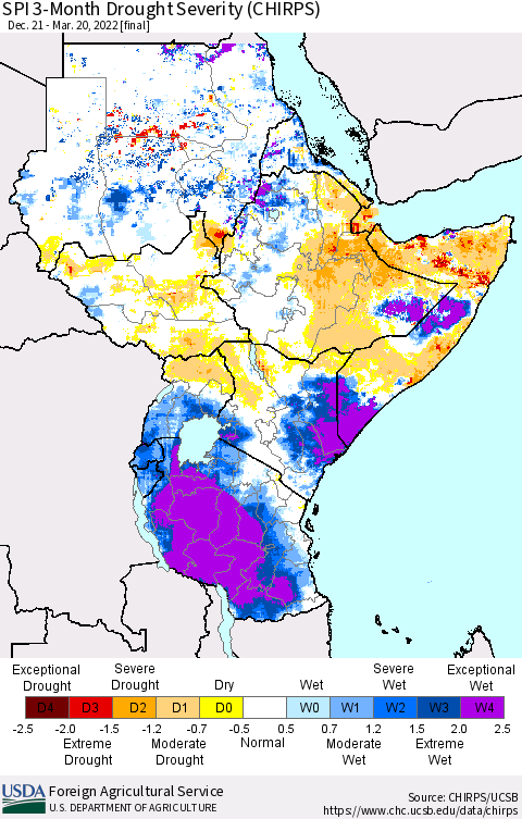 Eastern Africa SPI 3-Month Drought Severity (CHIRPS) Thematic Map For 12/21/2021 - 3/20/2022