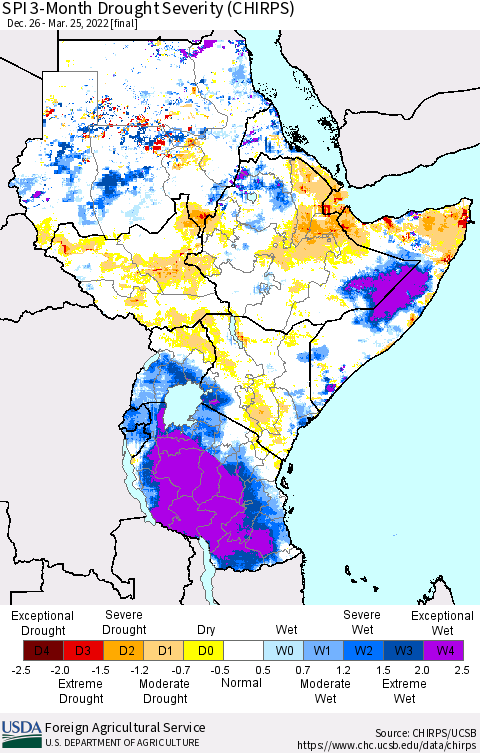 Eastern Africa SPI 3-Month Drought Severity (CHIRPS) Thematic Map For 12/26/2021 - 3/25/2022