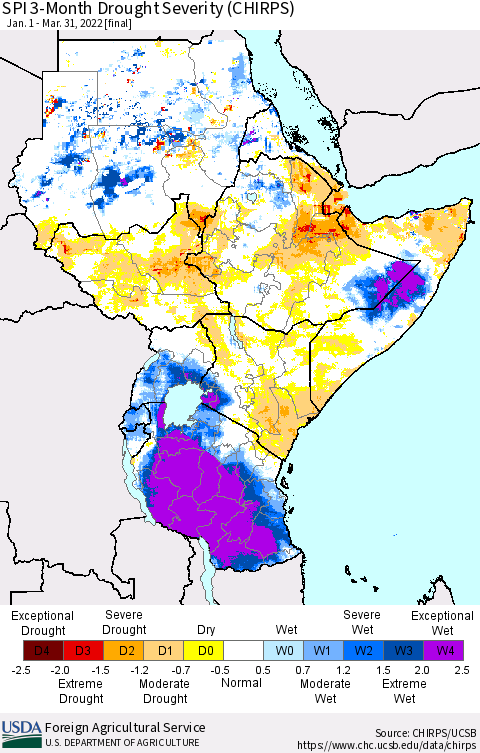 Eastern Africa SPI 3-Month Drought Severity (CHIRPS) Thematic Map For 1/1/2022 - 3/31/2022