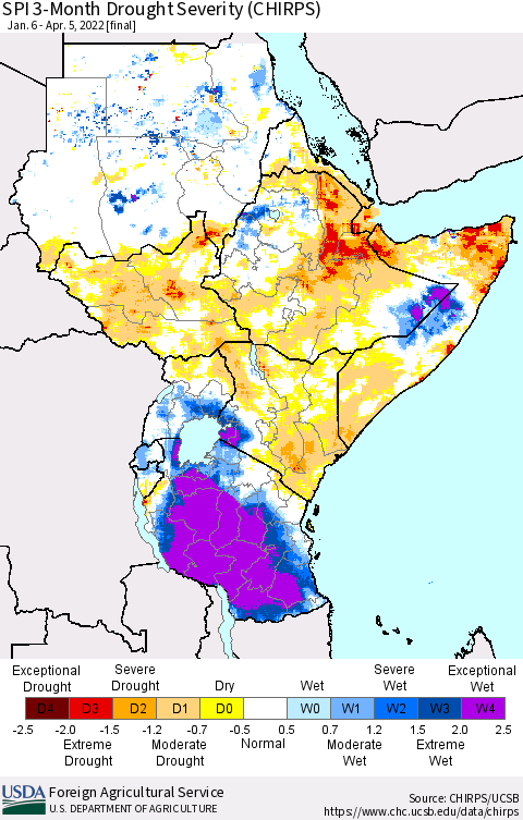 Eastern Africa SPI 3-Month Drought Severity (CHIRPS) Thematic Map For 1/6/2022 - 4/5/2022
