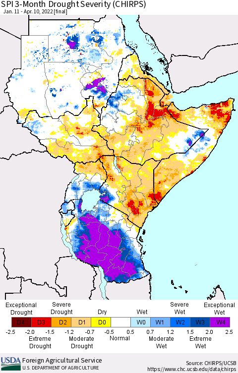 Eastern Africa SPI 3-Month Drought Severity (CHIRPS) Thematic Map For 1/11/2022 - 4/10/2022
