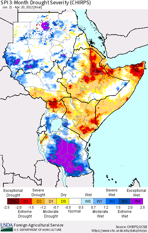 Eastern Africa SPI 3-Month Drought Severity (CHIRPS) Thematic Map For 1/21/2022 - 4/20/2022