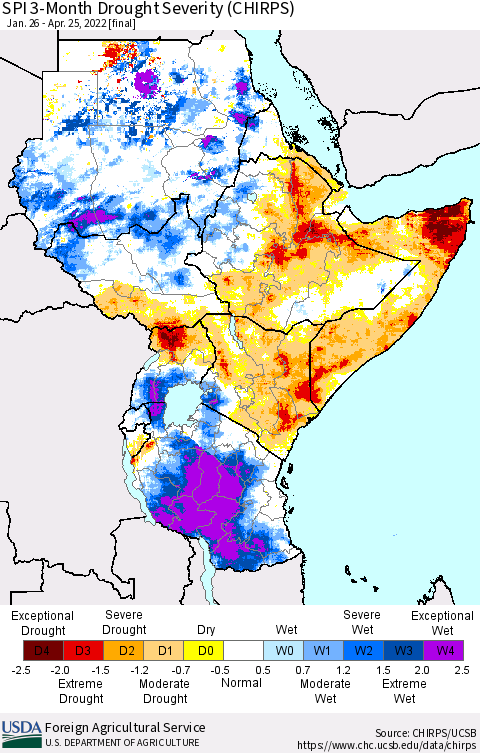 Eastern Africa SPI 3-Month Drought Severity (CHIRPS) Thematic Map For 1/26/2022 - 4/25/2022