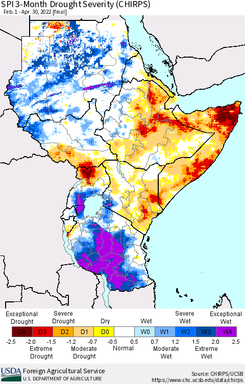 Eastern Africa SPI 3-Month Drought Severity (CHIRPS) Thematic Map For 2/1/2022 - 4/30/2022