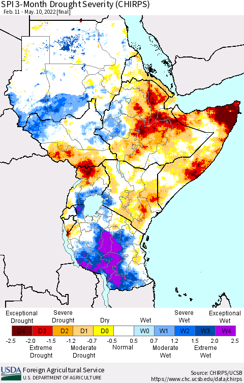 Eastern Africa SPI 3-Month Drought Severity (CHIRPS) Thematic Map For 2/11/2022 - 5/10/2022