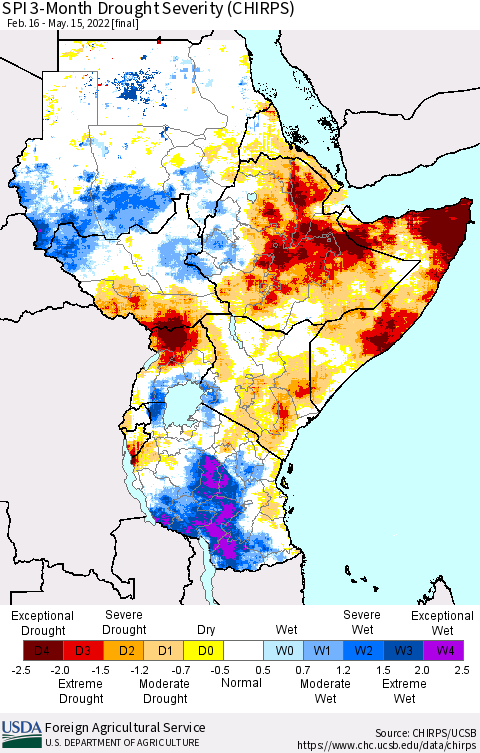 Eastern Africa SPI 3-Month Drought Severity (CHIRPS) Thematic Map For 2/16/2022 - 5/15/2022