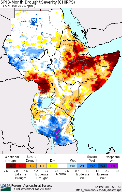 Eastern Africa SPI 3-Month Drought Severity (CHIRPS) Thematic Map For 2/21/2022 - 5/20/2022
