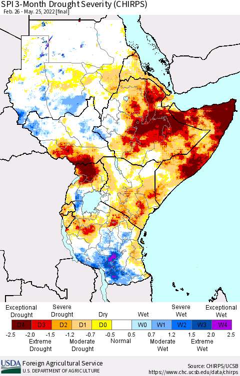Eastern Africa SPI 3-Month Drought Severity (CHIRPS) Thematic Map For 2/26/2022 - 5/25/2022