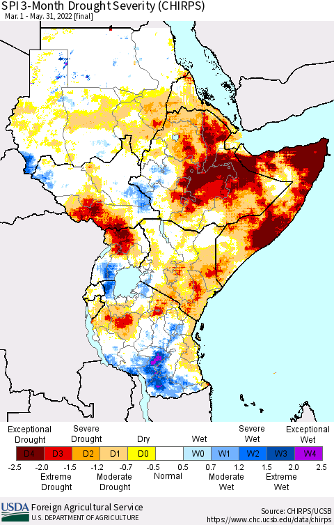 Eastern Africa SPI 3-Month Drought Severity (CHIRPS) Thematic Map For 3/1/2022 - 5/31/2022