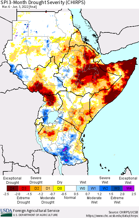 Eastern Africa SPI 3-Month Drought Severity (CHIRPS) Thematic Map For 3/6/2022 - 6/5/2022