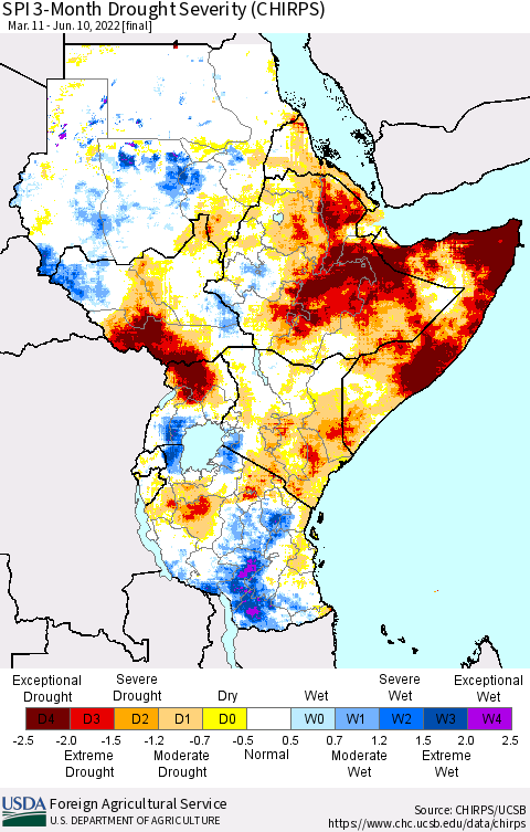 Eastern Africa SPI 3-Month Drought Severity (CHIRPS) Thematic Map For 3/11/2022 - 6/10/2022