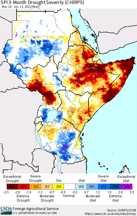 Eastern Africa SPI 3-Month Drought Severity (CHIRPS) Thematic Map For 3/16/2022 - 6/15/2022