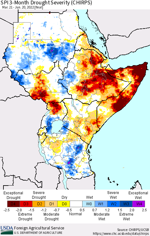 Eastern Africa SPI 3-Month Drought Severity (CHIRPS) Thematic Map For 3/21/2022 - 6/20/2022