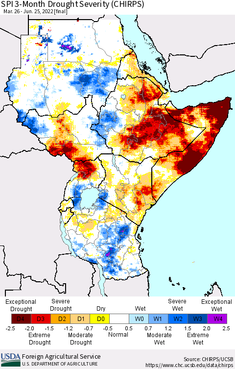 Eastern Africa SPI 3-Month Drought Severity (CHIRPS) Thematic Map For 3/26/2022 - 6/25/2022