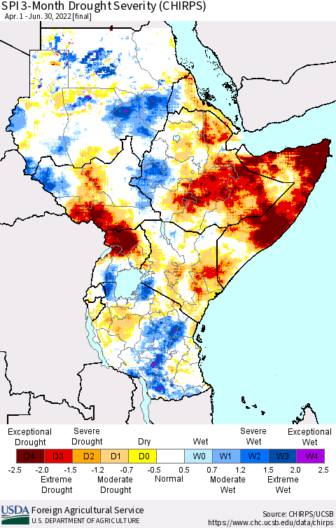 Eastern Africa SPI 3-Month Drought Severity (CHIRPS) Thematic Map For 4/1/2022 - 6/30/2022