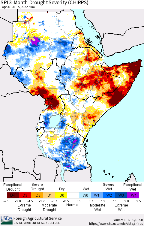 Eastern Africa SPI 3-Month Drought Severity (CHIRPS) Thematic Map For 4/6/2022 - 7/5/2022
