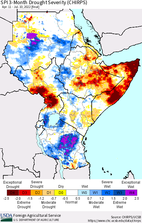 Eastern Africa SPI 3-Month Drought Severity (CHIRPS) Thematic Map For 4/11/2022 - 7/10/2022