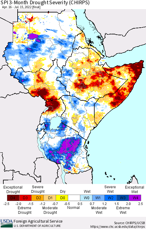 Eastern Africa SPI 3-Month Drought Severity (CHIRPS) Thematic Map For 4/16/2022 - 7/15/2022