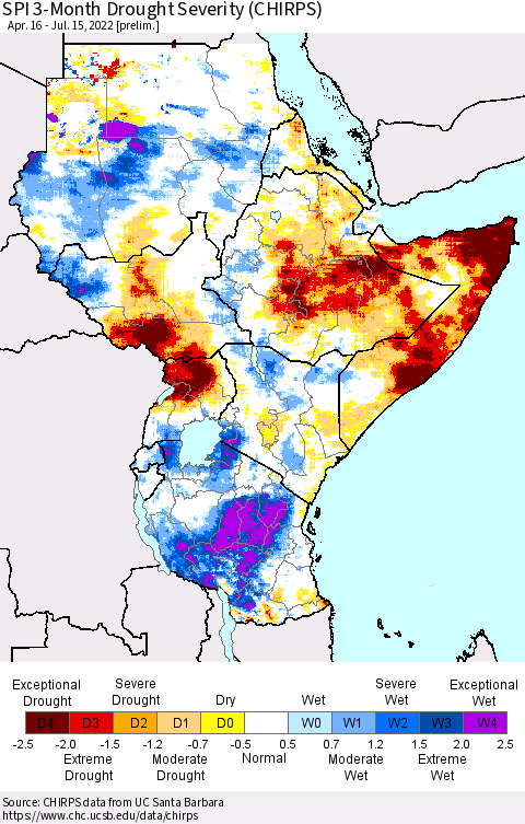 Eastern Africa SPI 3-Month Drought Severity (CHIRPS) Thematic Map For 4/16/2022 - 7/15/2022