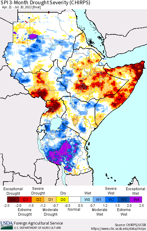 Eastern Africa SPI 3-Month Drought Severity (CHIRPS) Thematic Map For 4/21/2022 - 7/20/2022
