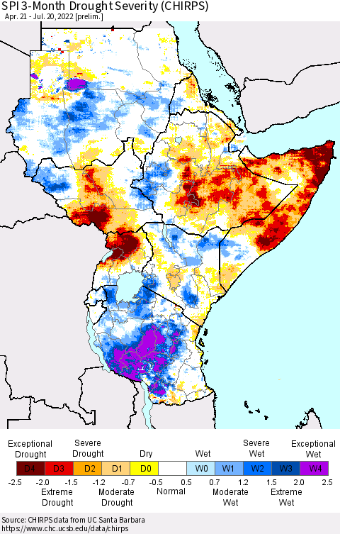 Eastern Africa SPI 3-Month Drought Severity (CHIRPS) Thematic Map For 4/21/2022 - 7/20/2022