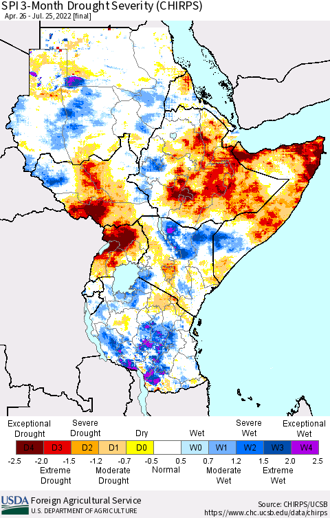 Eastern Africa SPI 3-Month Drought Severity (CHIRPS) Thematic Map For 4/26/2022 - 7/25/2022
