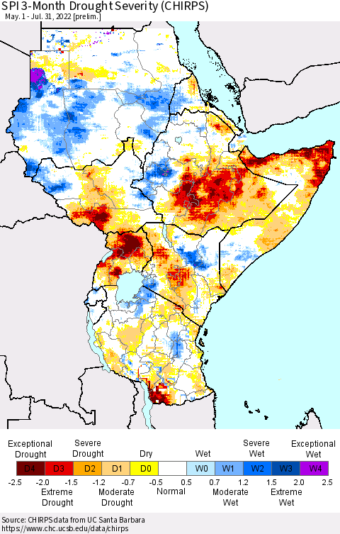 Eastern Africa SPI 3-Month Drought Severity (CHIRPS) Thematic Map For 5/1/2022 - 7/31/2022