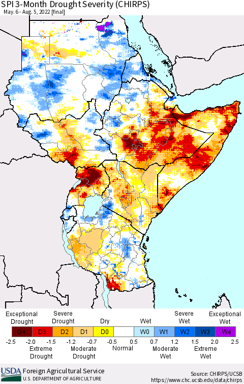 Eastern Africa SPI 3-Month Drought Severity (CHIRPS) Thematic Map For 5/6/2022 - 8/5/2022
