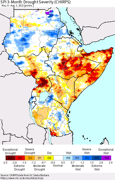Eastern Africa SPI 3-Month Drought Severity (CHIRPS) Thematic Map For 5/6/2022 - 8/5/2022