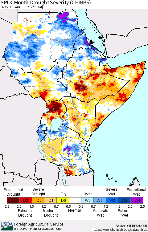 Eastern Africa SPI 3-Month Drought Severity (CHIRPS) Thematic Map For 5/11/2022 - 8/10/2022