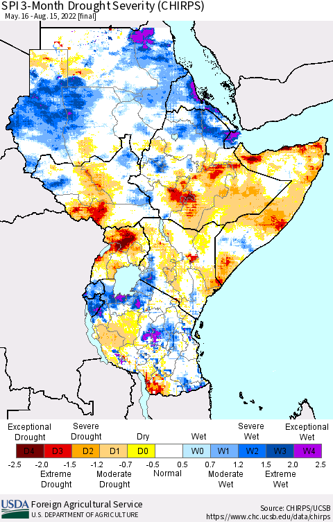 Eastern Africa SPI 3-Month Drought Severity (CHIRPS) Thematic Map For 5/16/2022 - 8/15/2022
