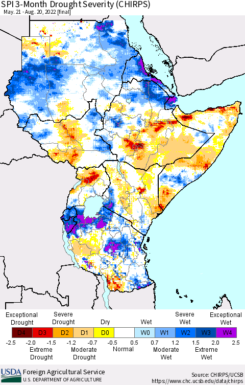 Eastern Africa SPI 3-Month Drought Severity (CHIRPS) Thematic Map For 5/21/2022 - 8/20/2022