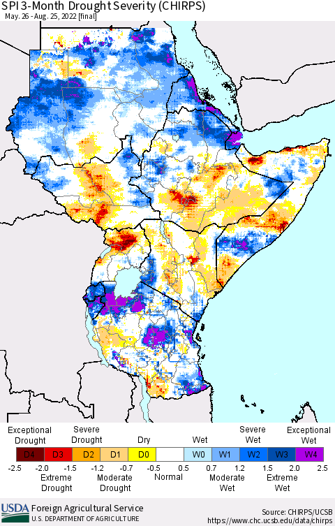 Eastern Africa SPI 3-Month Drought Severity (CHIRPS) Thematic Map For 5/26/2022 - 8/25/2022