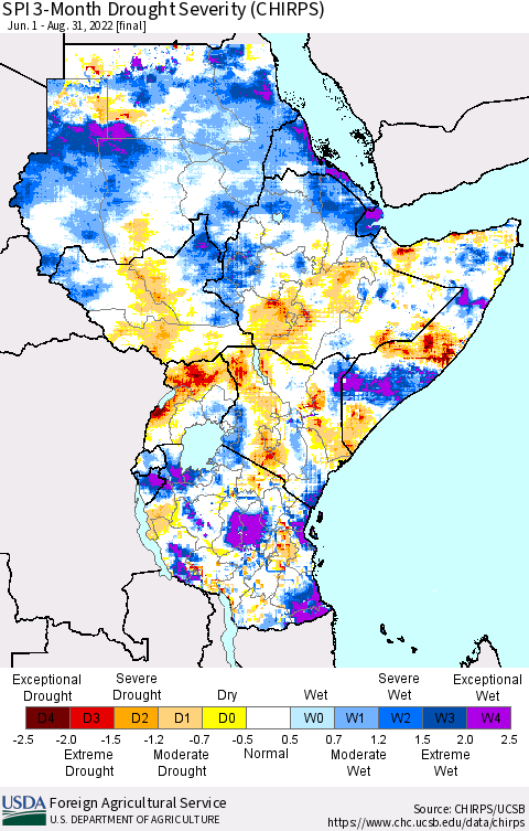 Eastern Africa SPI 3-Month Drought Severity (CHIRPS) Thematic Map For 6/1/2022 - 8/31/2022