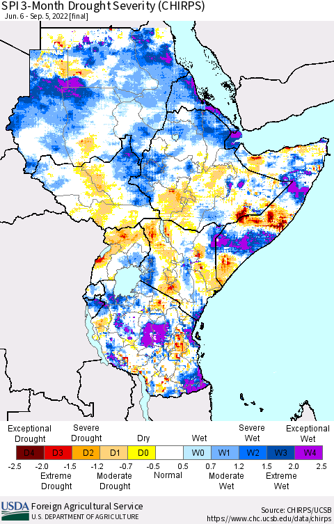 Eastern Africa SPI 3-Month Drought Severity (CHIRPS) Thematic Map For 6/6/2022 - 9/5/2022