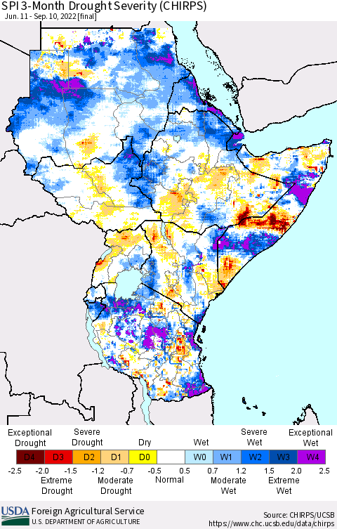 Eastern Africa SPI 3-Month Drought Severity (CHIRPS) Thematic Map For 6/11/2022 - 9/10/2022