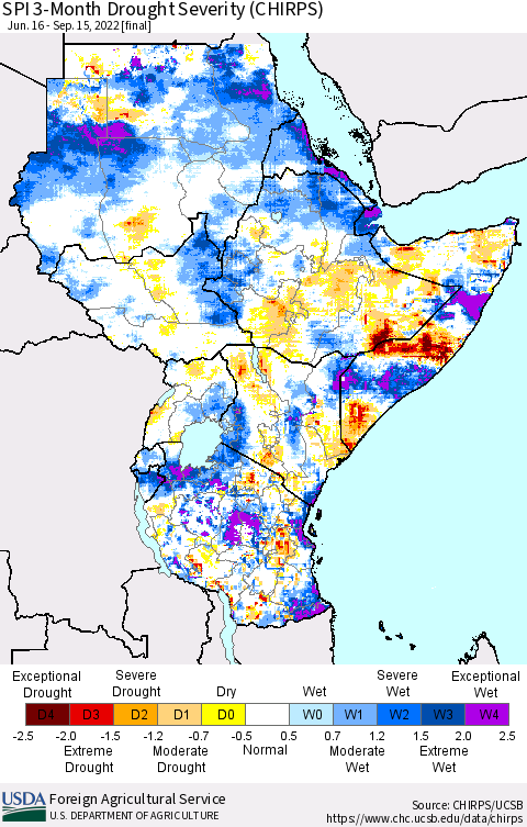 Eastern Africa SPI 3-Month Drought Severity (CHIRPS) Thematic Map For 6/16/2022 - 9/15/2022