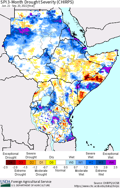 Eastern Africa SPI 3-Month Drought Severity (CHIRPS) Thematic Map For 6/21/2022 - 9/20/2022