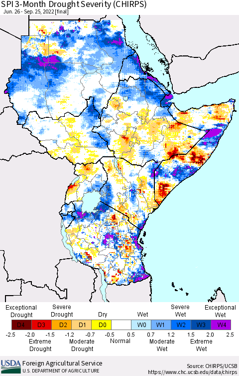 Eastern Africa SPI 3-Month Drought Severity (CHIRPS) Thematic Map For 6/26/2022 - 9/25/2022