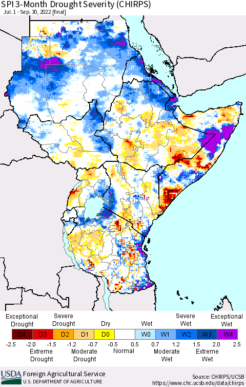 Eastern Africa SPI 3-Month Drought Severity (CHIRPS) Thematic Map For 7/1/2022 - 9/30/2022