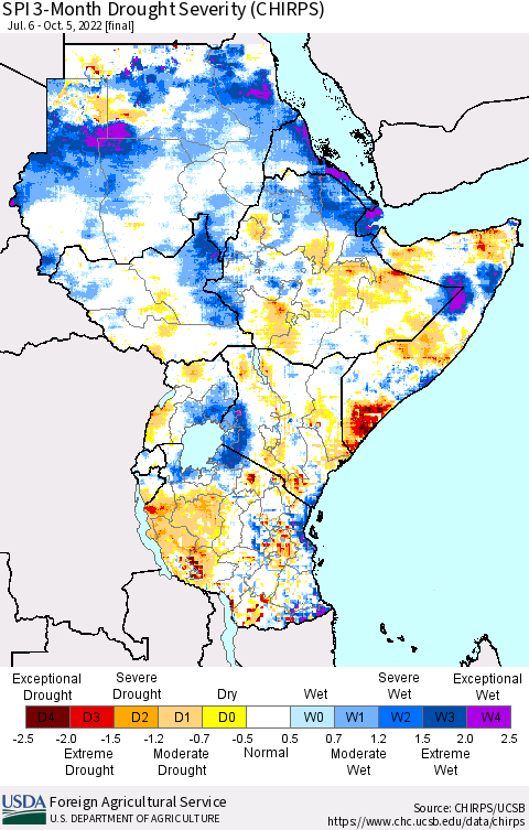Eastern Africa SPI 3-Month Drought Severity (CHIRPS) Thematic Map For 7/6/2022 - 10/5/2022
