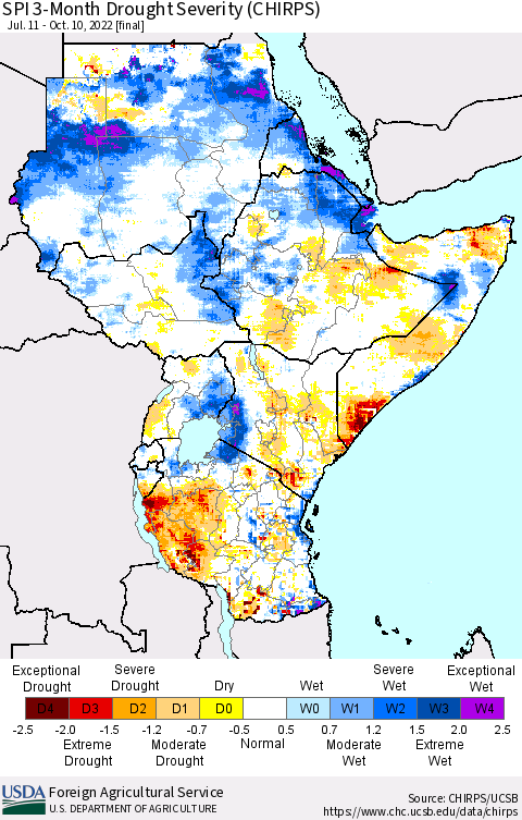 Eastern Africa SPI 3-Month Drought Severity (CHIRPS) Thematic Map For 7/11/2022 - 10/10/2022