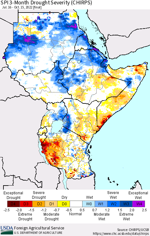 Eastern Africa SPI 3-Month Drought Severity (CHIRPS) Thematic Map For 7/16/2022 - 10/15/2022