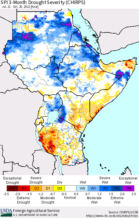 Eastern Africa SPI 3-Month Drought Severity (CHIRPS) Thematic Map For 7/21/2022 - 10/20/2022