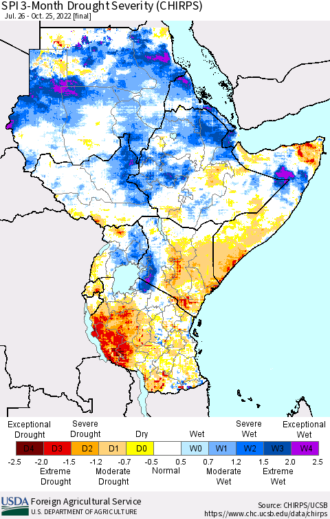 Eastern Africa SPI 3-Month Drought Severity (CHIRPS) Thematic Map For 7/26/2022 - 10/25/2022