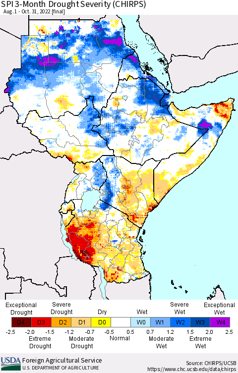 Eastern Africa SPI 3-Month Drought Severity (CHIRPS) Thematic Map For 8/1/2022 - 10/31/2022